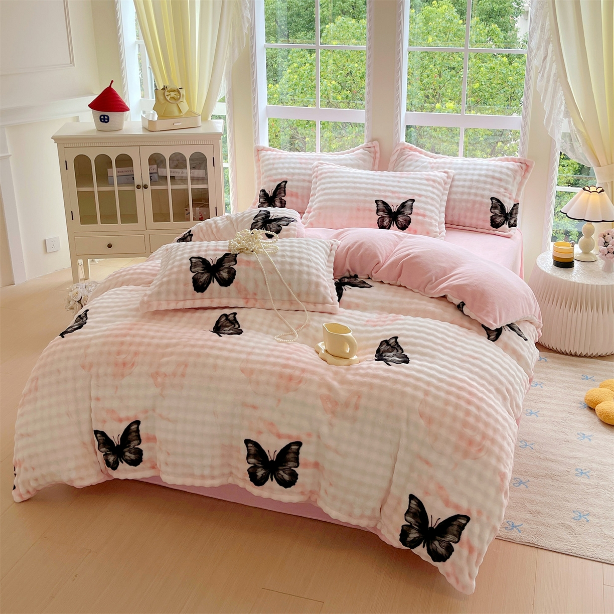 91家纺网 家纺一手货源 找家纺 凯儿家纺 2025新款兔毛牛奶泡泡绒单被套单品被套被套单件 粉玉蝴蝶