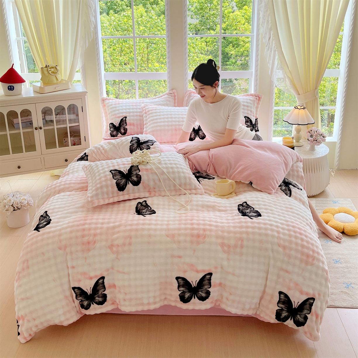 91家纺网 家纺一手货源 找家纺 凯儿家纺 2025新款兔毛牛奶泡泡绒单被套单品被套被套单件 粉玉蝴蝶