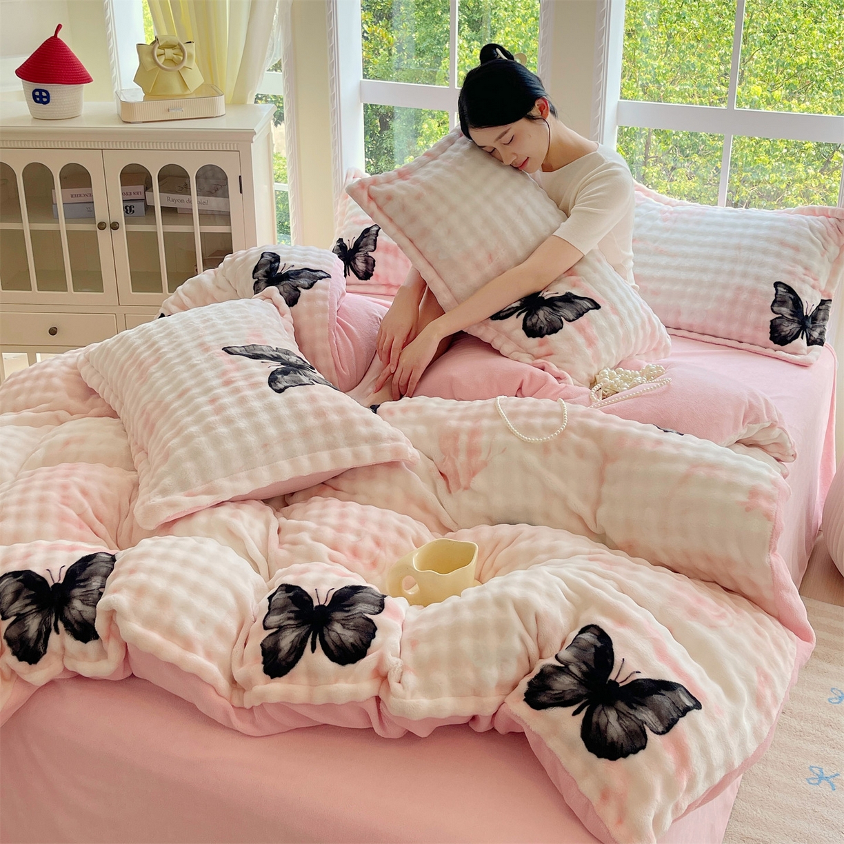 91家纺网 家纺一手货源 找家纺 凯儿家纺 2025新款兔毛牛奶泡泡绒单被套单品被套被套单件 粉玉蝴蝶