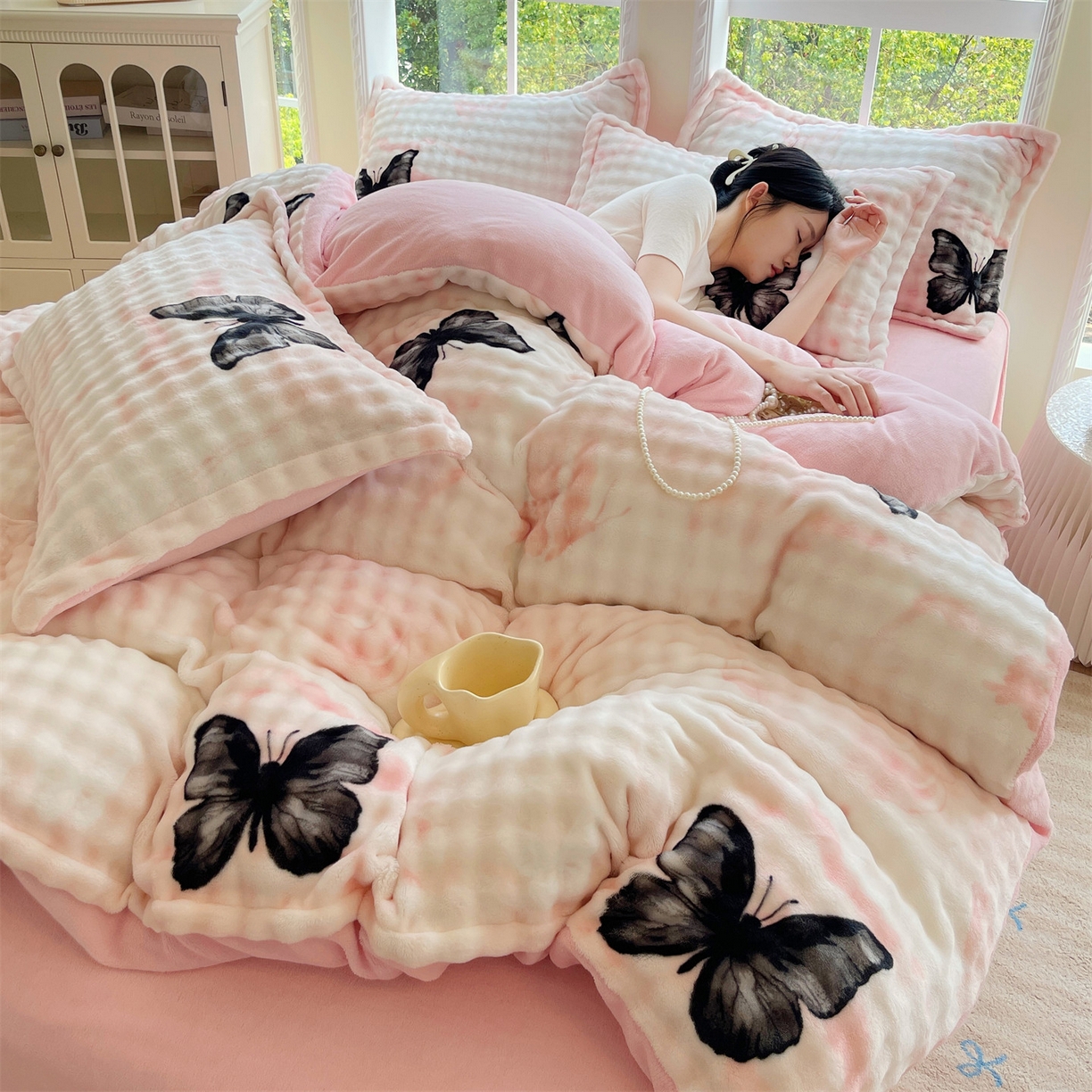 91家纺网 家纺一手货源 找家纺 凯儿家纺 2025新款兔毛牛奶泡泡绒单被套单品被套被套单件 粉玉蝴蝶