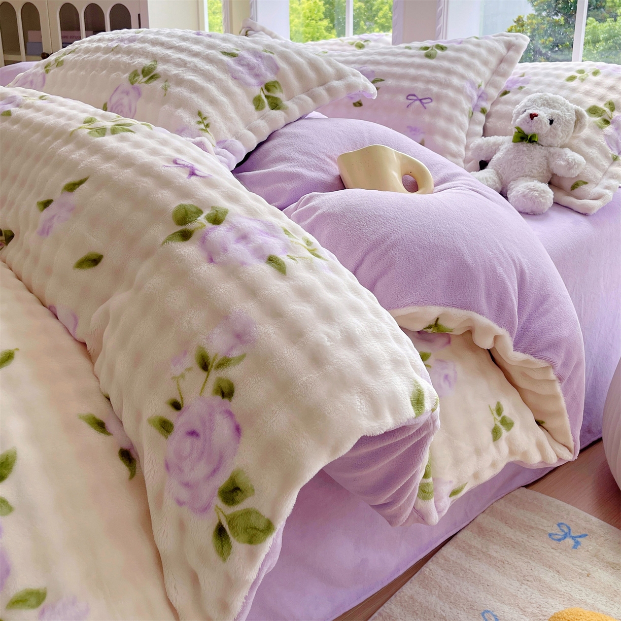 凯儿家纺 2025新款兔毛牛奶泡泡绒单被套单品被套被套单件 花语柔情