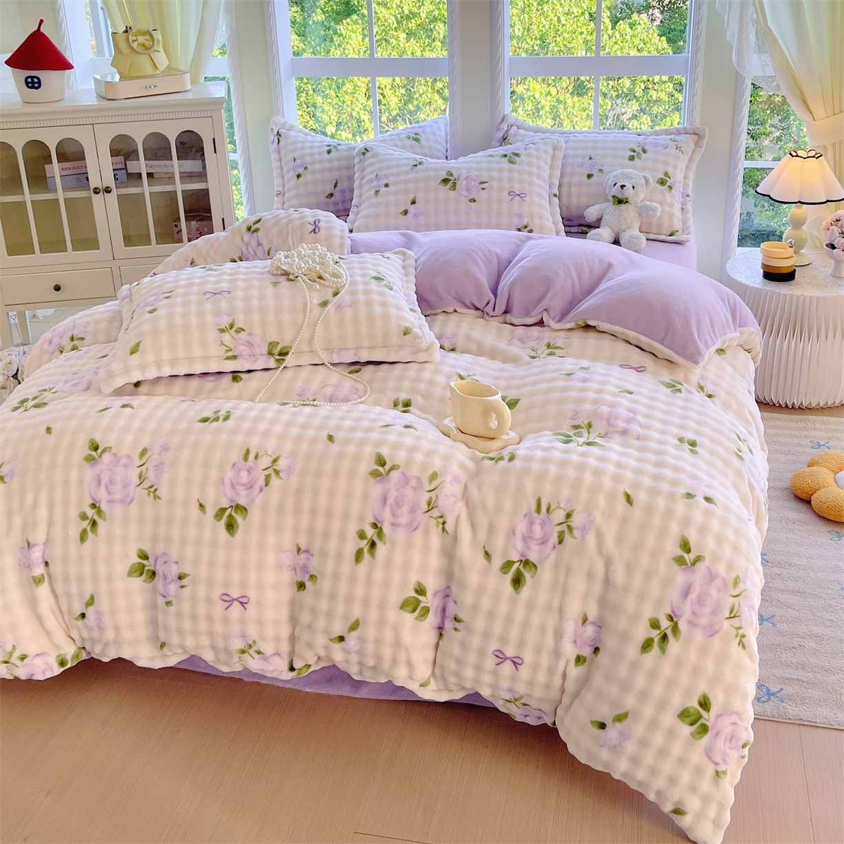 91家纺网 家纺一手货源 找家纺 凯儿家纺 2025新款兔毛牛奶泡泡绒单被套单品被套被套单件 花语柔情