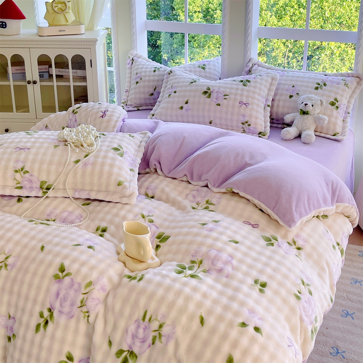 91家纺网 家纺一手货源 找家纺 凯儿家纺 2025新款兔毛牛奶泡泡绒单被套单品被套被套单件 花语柔情