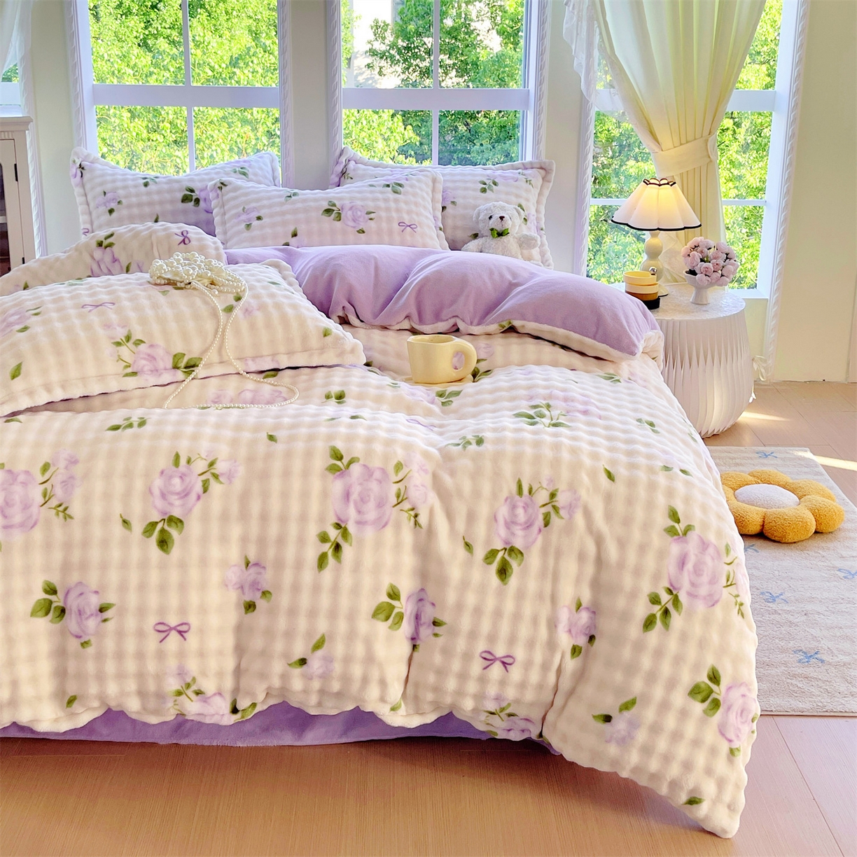 91家纺网 家纺一手货源 找家纺 凯儿家纺 2025新款兔毛牛奶泡泡绒单被套单品被套被套单件 花语柔情