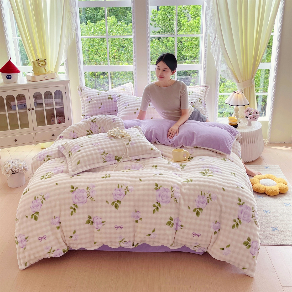 91家纺网 家纺一手货源 找家纺 凯儿家纺 2025新款兔毛牛奶泡泡绒单被套单品被套被套单件 花语柔情