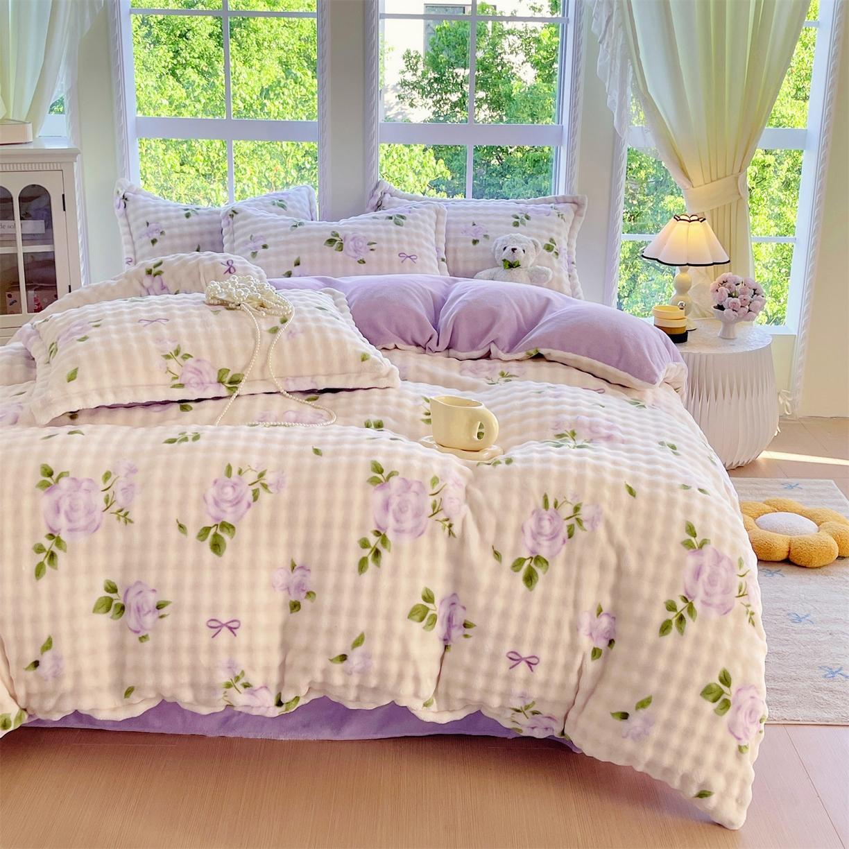 91家纺网 家纺一手货源 找家纺 凯儿家纺 2025新款兔毛牛奶泡泡绒单被套单品被套被套单件 花语柔情