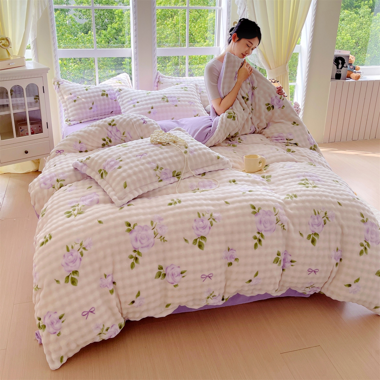 91家纺网 家纺一手货源 找家纺 凯儿家纺 2025新款兔毛牛奶泡泡绒单被套单品被套被套单件 花语柔情