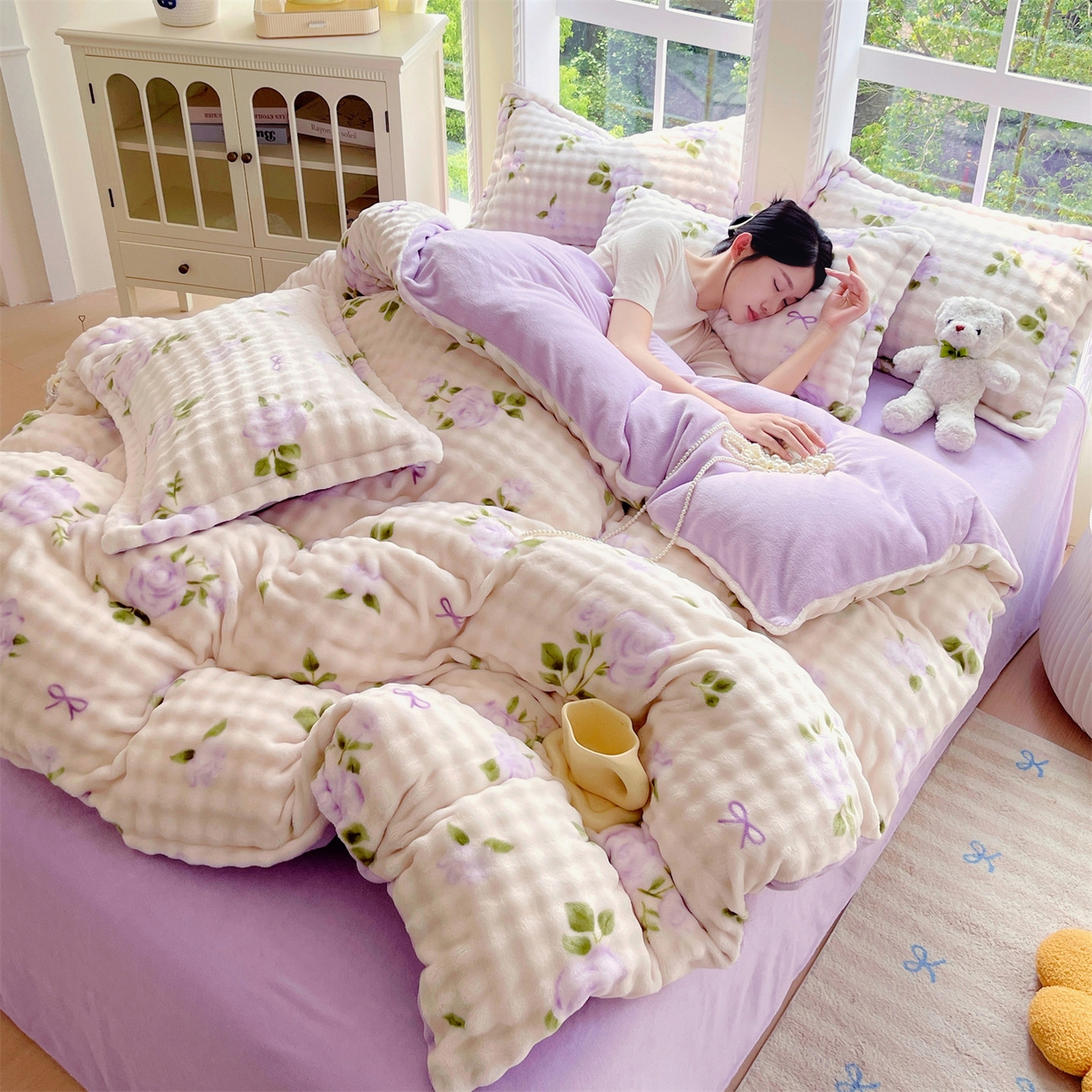 91家纺网 家纺一手货源 找家纺 凯儿家纺 2025新款兔毛牛奶泡泡绒单被套单品被套被套单件 花语柔情