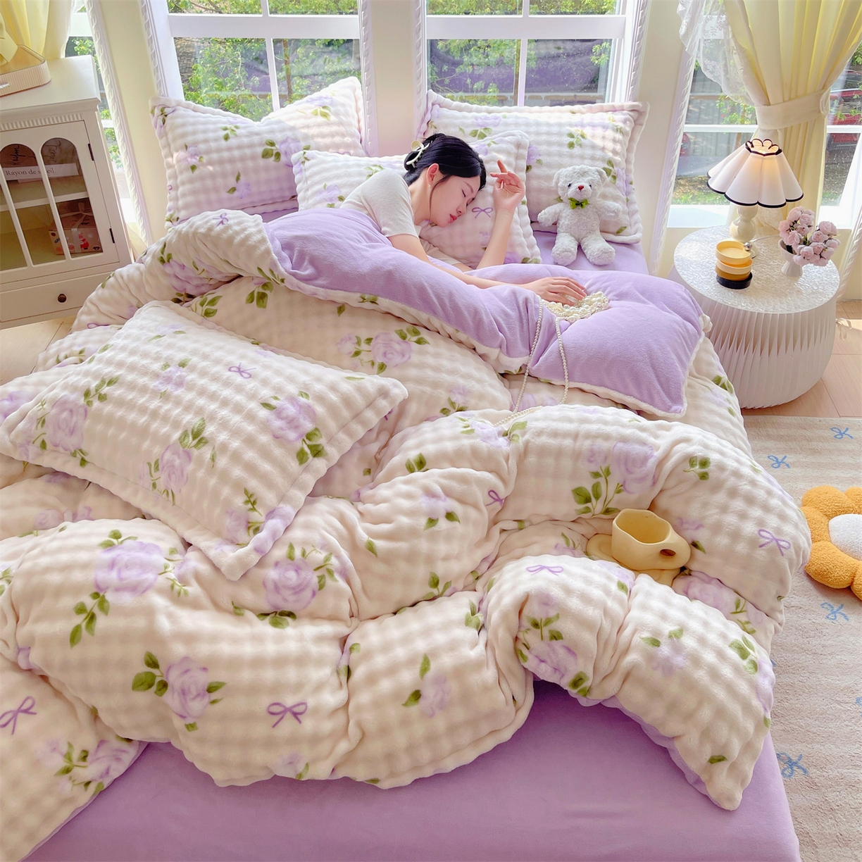 91家纺网 家纺一手货源 找家纺 凯儿家纺 2025新款兔毛牛奶泡泡绒单被套单品被套被套单件 花语柔情