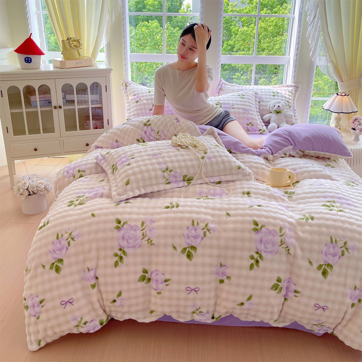 91家纺网 家纺一手货源 找家纺 凯儿家纺 2025新款兔毛牛奶泡泡绒单被套单品被套被套单件 花语柔情