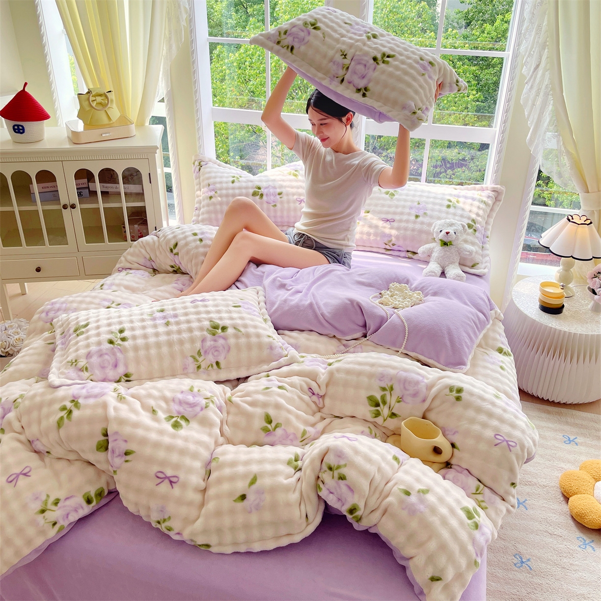 91家纺网 家纺一手货源 找家纺 凯儿家纺 2025新款兔毛牛奶泡泡绒单被套单品被套被套单件 花语柔情