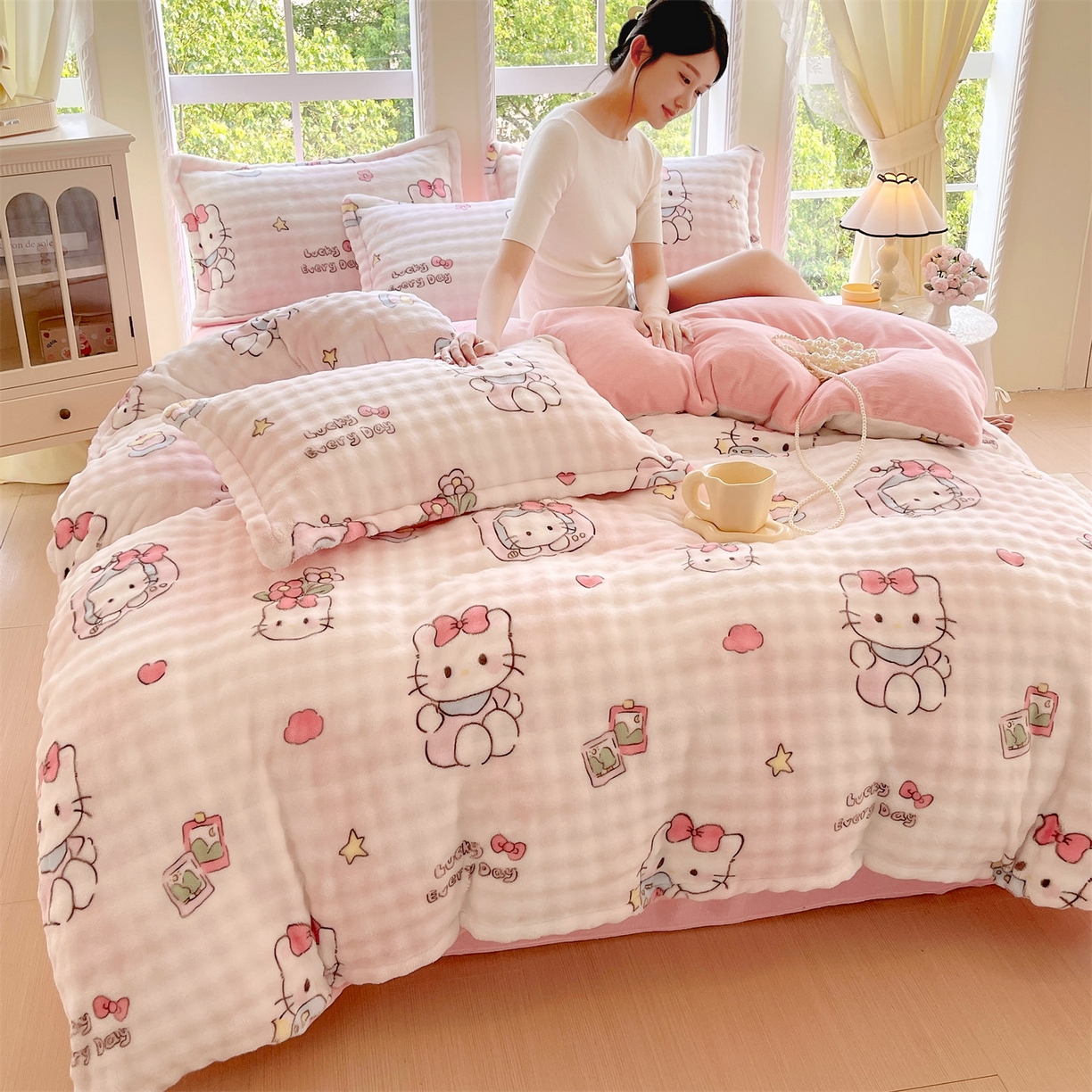 91家纺网 家纺一手货源 找家纺 凯儿家纺 2025新款兔毛牛奶泡泡绒单被套单品被套被套单件 可爱猫咪