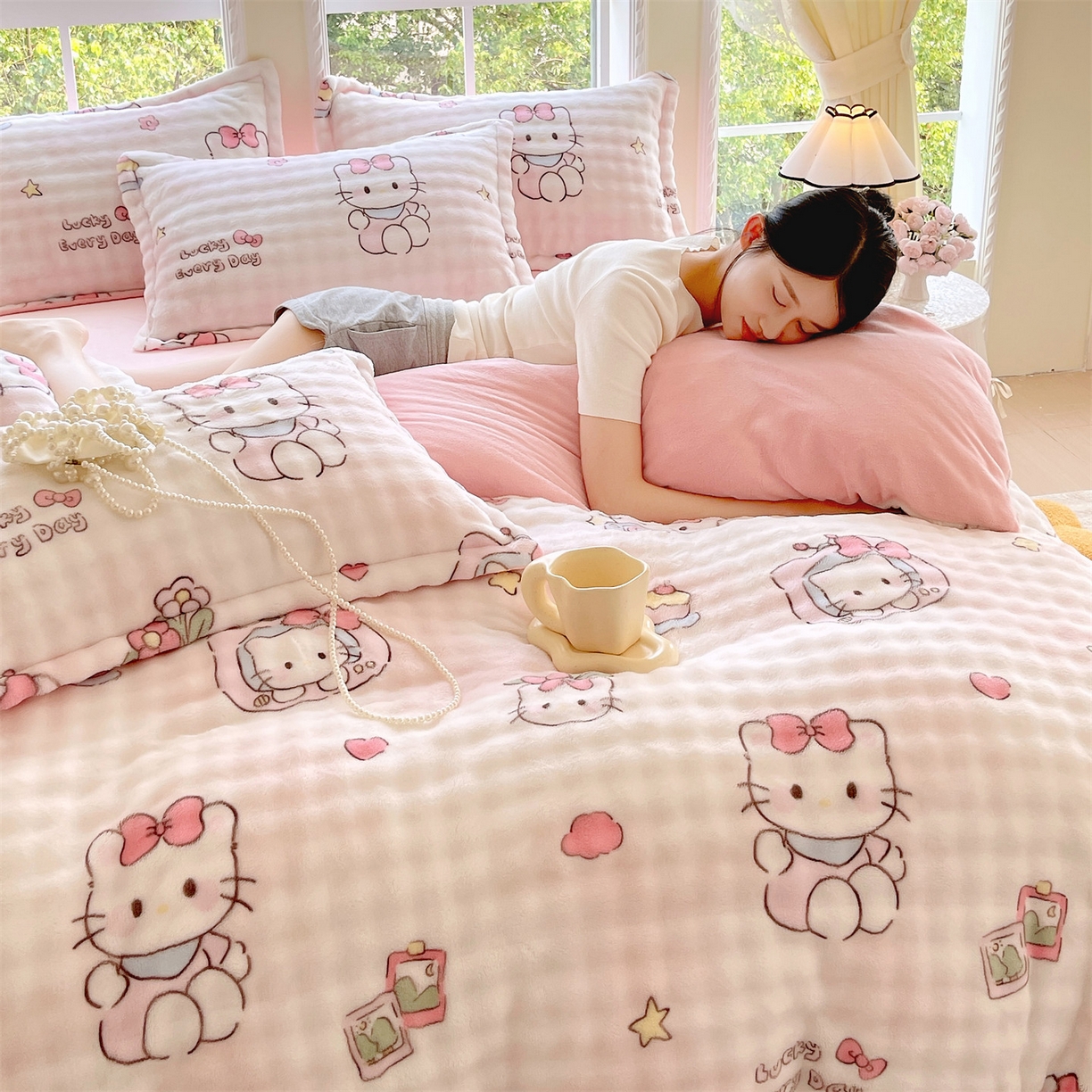 91家纺网 家纺一手货源 找家纺 凯儿家纺 2025新款兔毛牛奶泡泡绒单被套单品被套被套单件 可爱猫咪