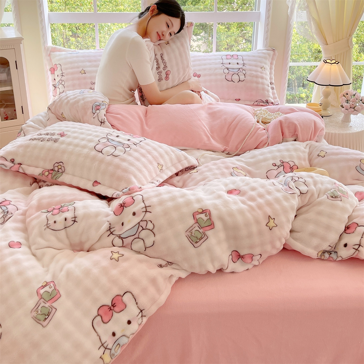 91家纺网 家纺一手货源 找家纺 凯儿家纺 2025新款兔毛牛奶泡泡绒单被套单品被套被套单件 可爱猫咪