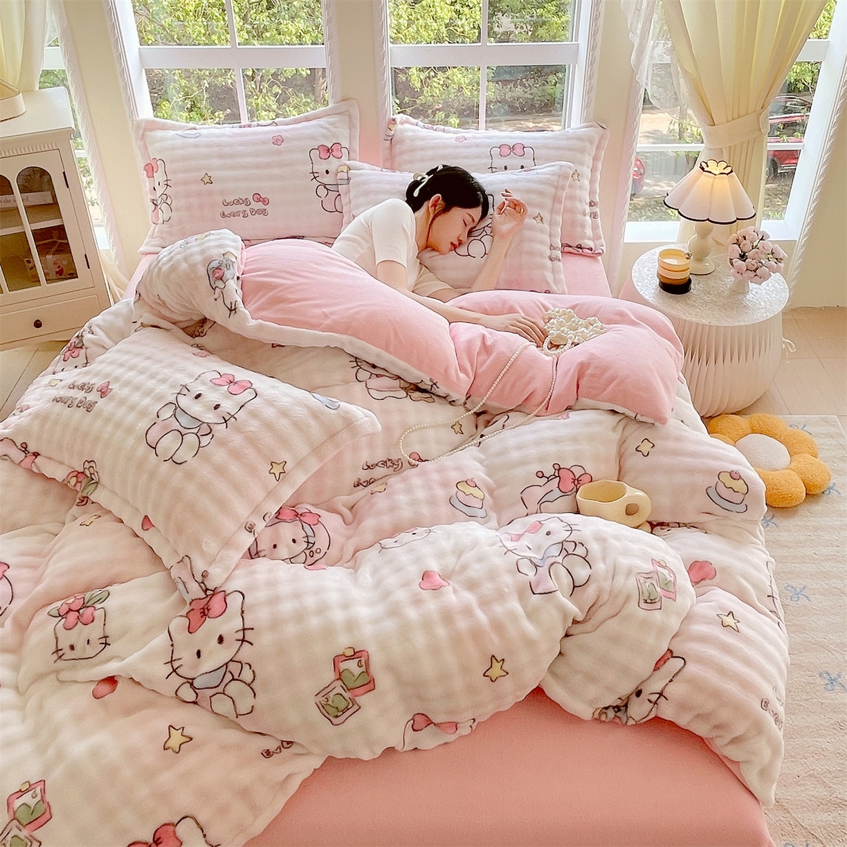 91家纺网 家纺一手货源 找家纺 凯儿家纺 2025新款兔毛牛奶泡泡绒单被套单品被套被套单件 可爱猫咪