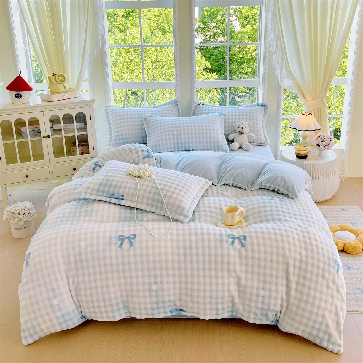 91家纺网 家纺一手货源 找家纺 凯儿家纺 2025新款兔毛牛奶泡泡绒单被套单品被套被套单件 蓝色旋律