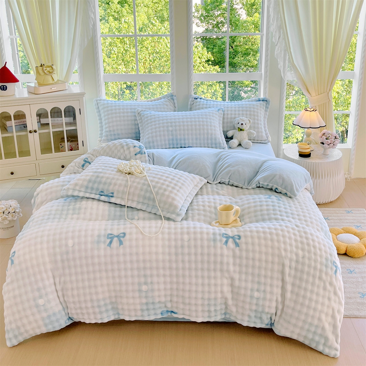 91家纺网 家纺一手货源 找家纺 凯儿家纺 2025新款兔毛牛奶泡泡绒单被套单品被套被套单件 蓝色旋律