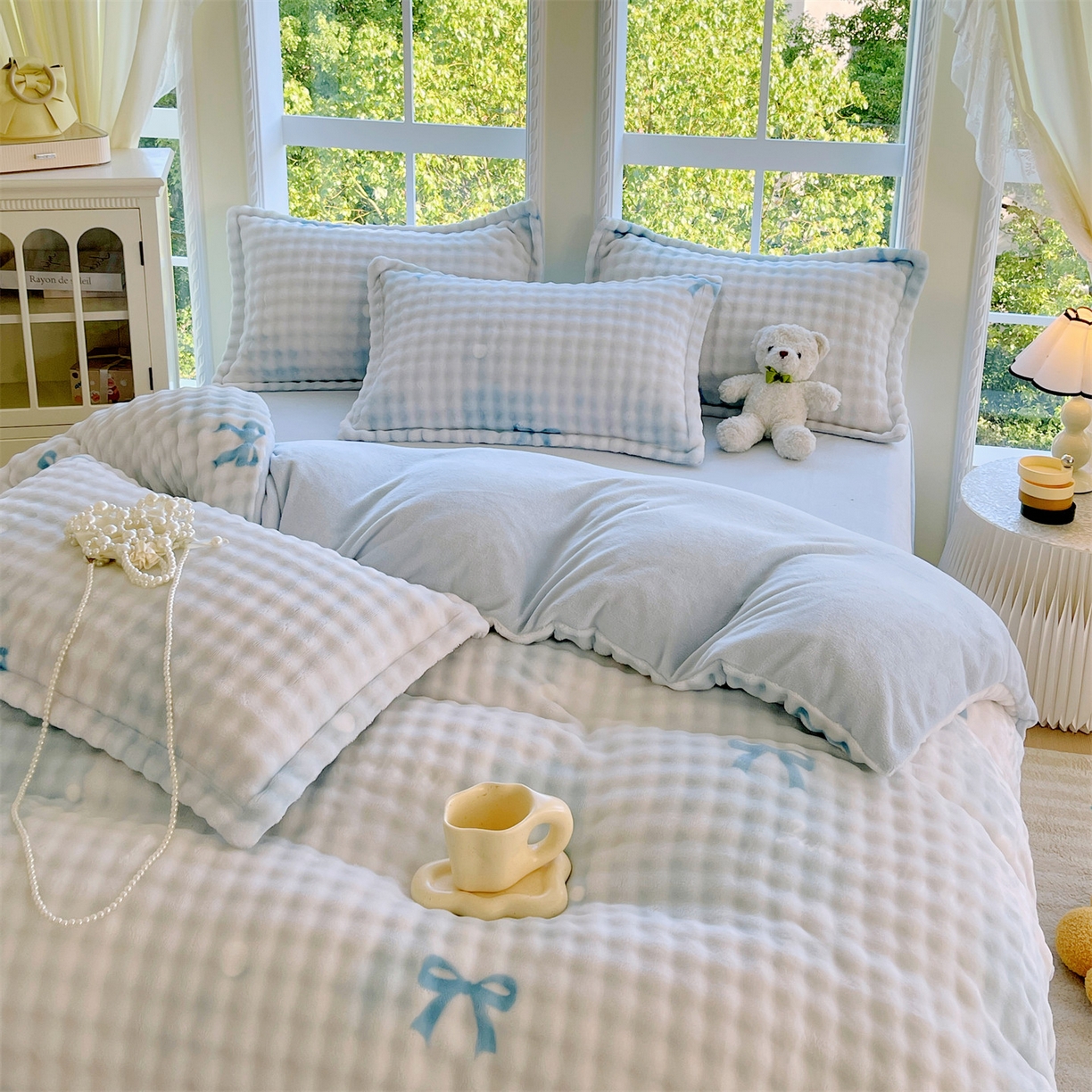 91家纺网 家纺一手货源 找家纺 凯儿家纺 2025新款兔毛牛奶泡泡绒单被套单品被套被套单件 蓝色旋律