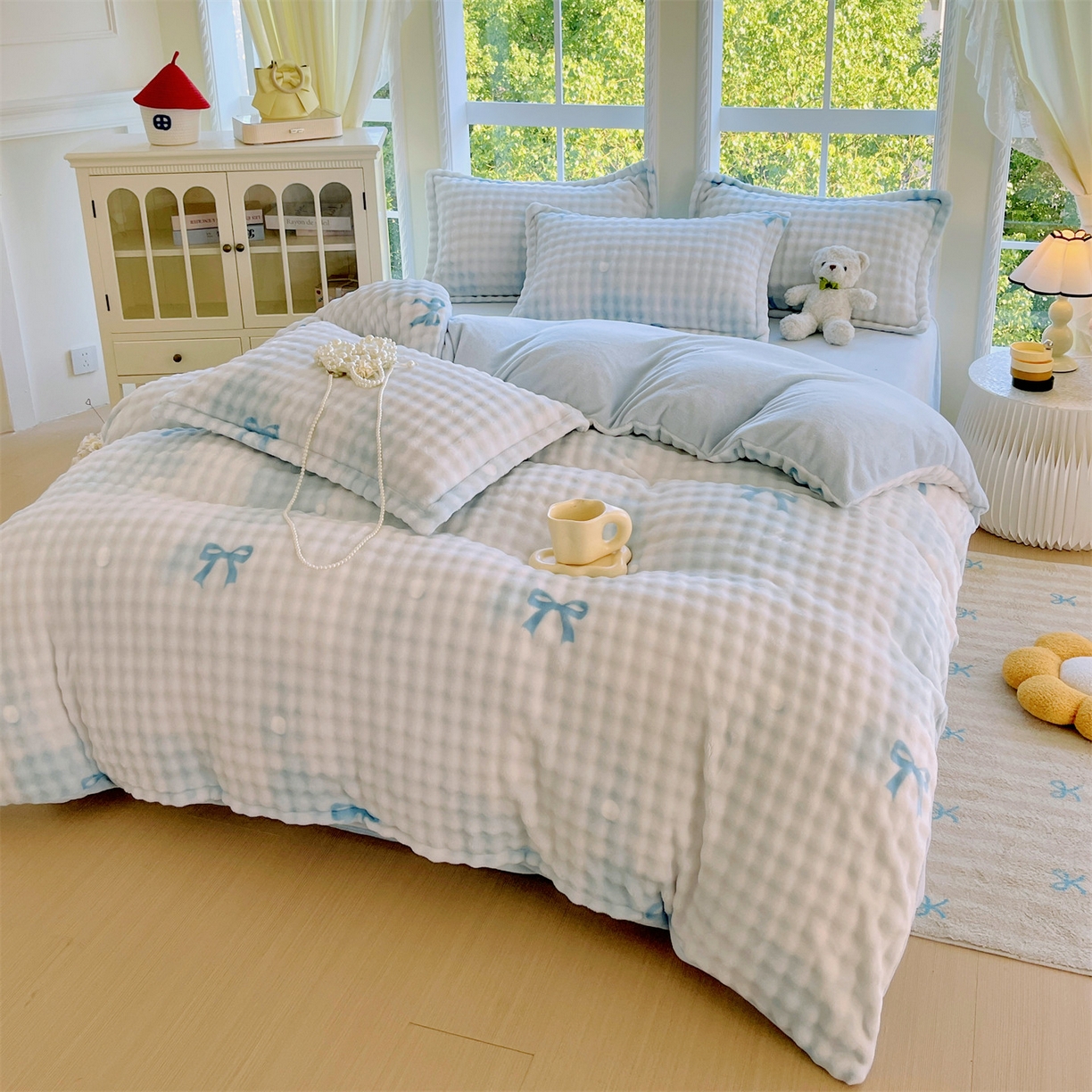 91家纺网 家纺一手货源 找家纺 凯儿家纺 2025新款兔毛牛奶泡泡绒单被套单品被套被套单件 蓝色旋律