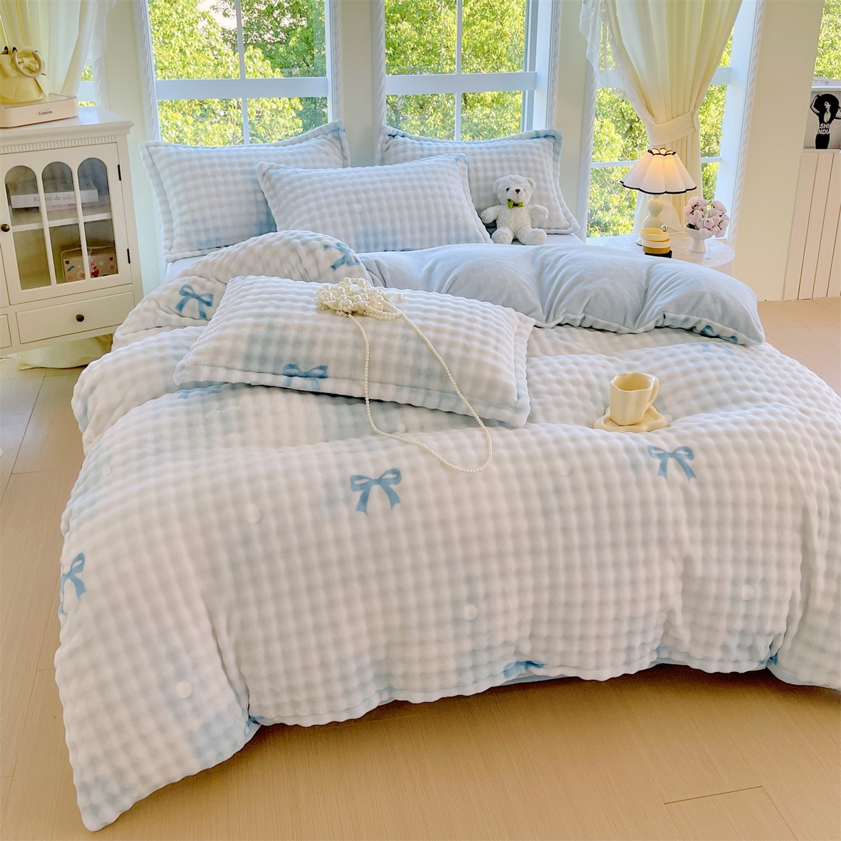 91家纺网 家纺一手货源 找家纺 凯儿家纺 2025新款兔毛牛奶泡泡绒单被套单品被套被套单件 蓝色旋律