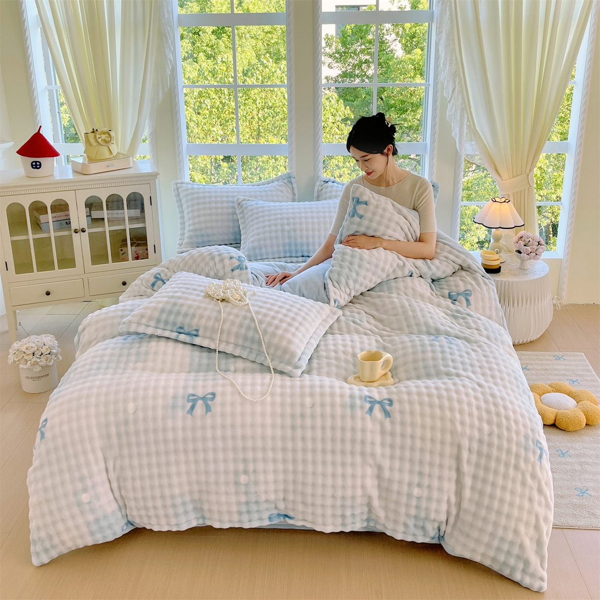 91家纺网 家纺一手货源 找家纺 凯儿家纺 2025新款兔毛牛奶泡泡绒单被套单品被套被套单件 蓝色旋律