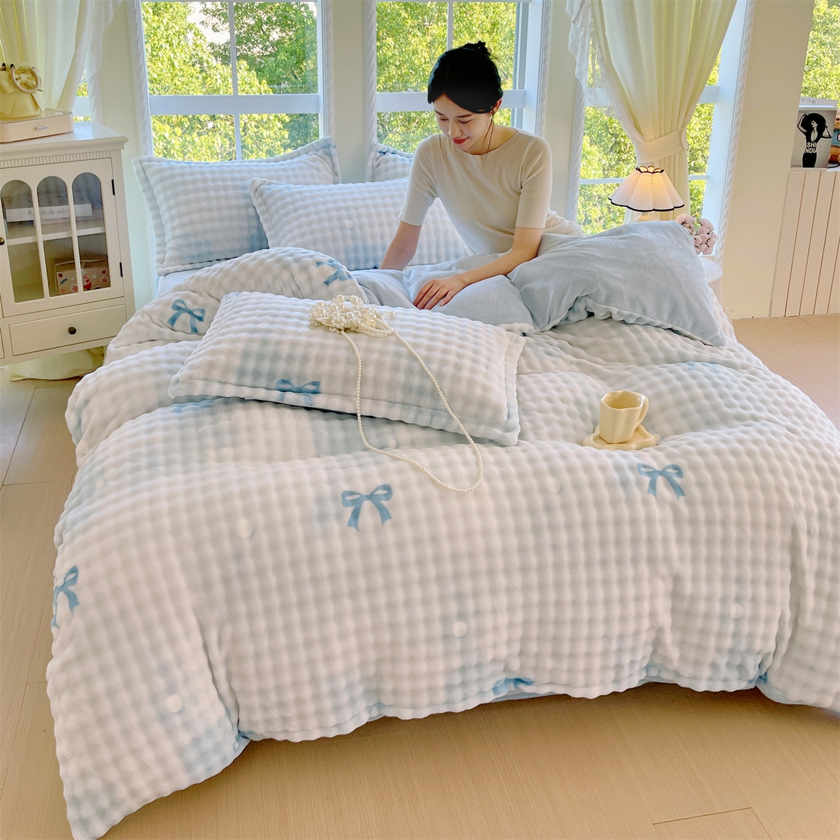 91家纺网 家纺一手货源 找家纺 凯儿家纺 2025新款兔毛牛奶泡泡绒单被套单品被套被套单件 蓝色旋律