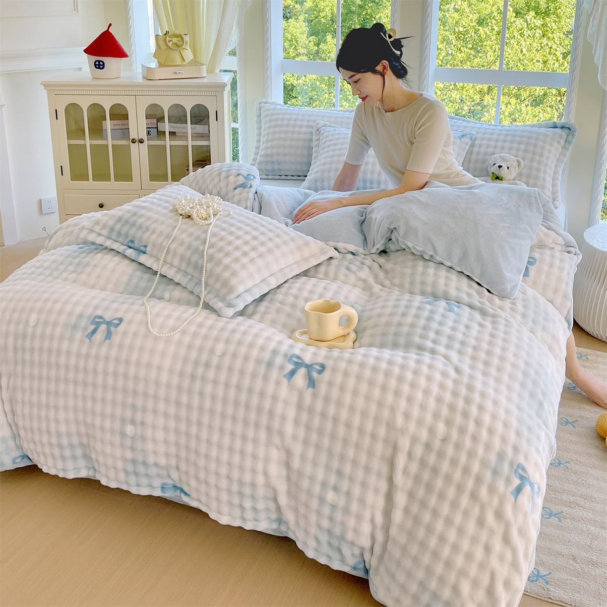 91家纺网 家纺一手货源 找家纺 凯儿家纺 2025新款兔毛牛奶泡泡绒单被套单品被套被套单件 蓝色旋律