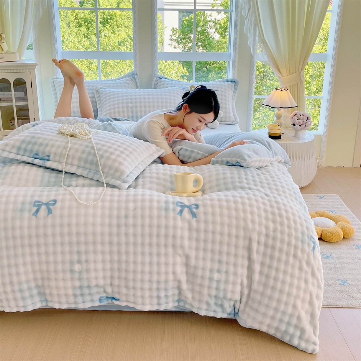 91家纺网 家纺一手货源 找家纺 凯儿家纺 2025新款兔毛牛奶泡泡绒单被套单品被套被套单件 蓝色旋律