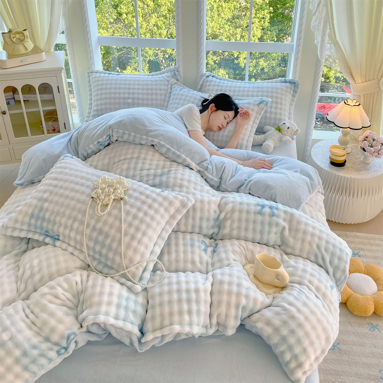 91家纺网 家纺一手货源 找家纺 凯儿家纺 2025新款兔毛牛奶泡泡绒单被套单品被套被套单件 蓝色旋律