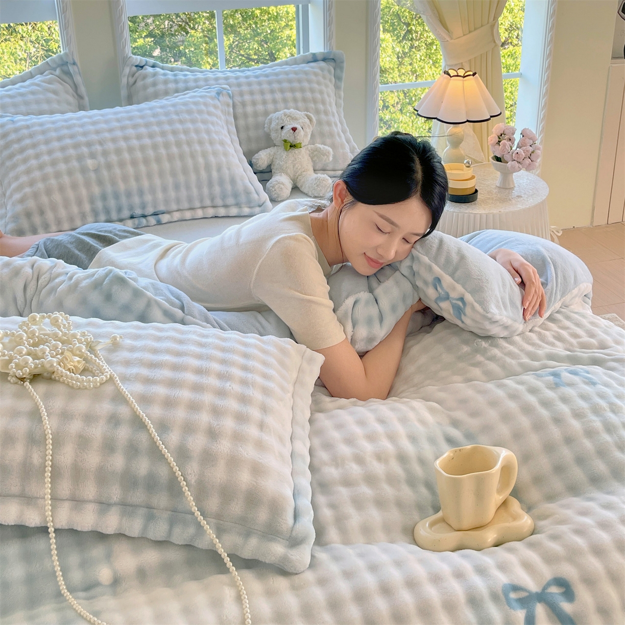 91家纺网 家纺一手货源 找家纺 凯儿家纺 2025新款兔毛牛奶泡泡绒单被套单品被套被套单件 蓝色旋律