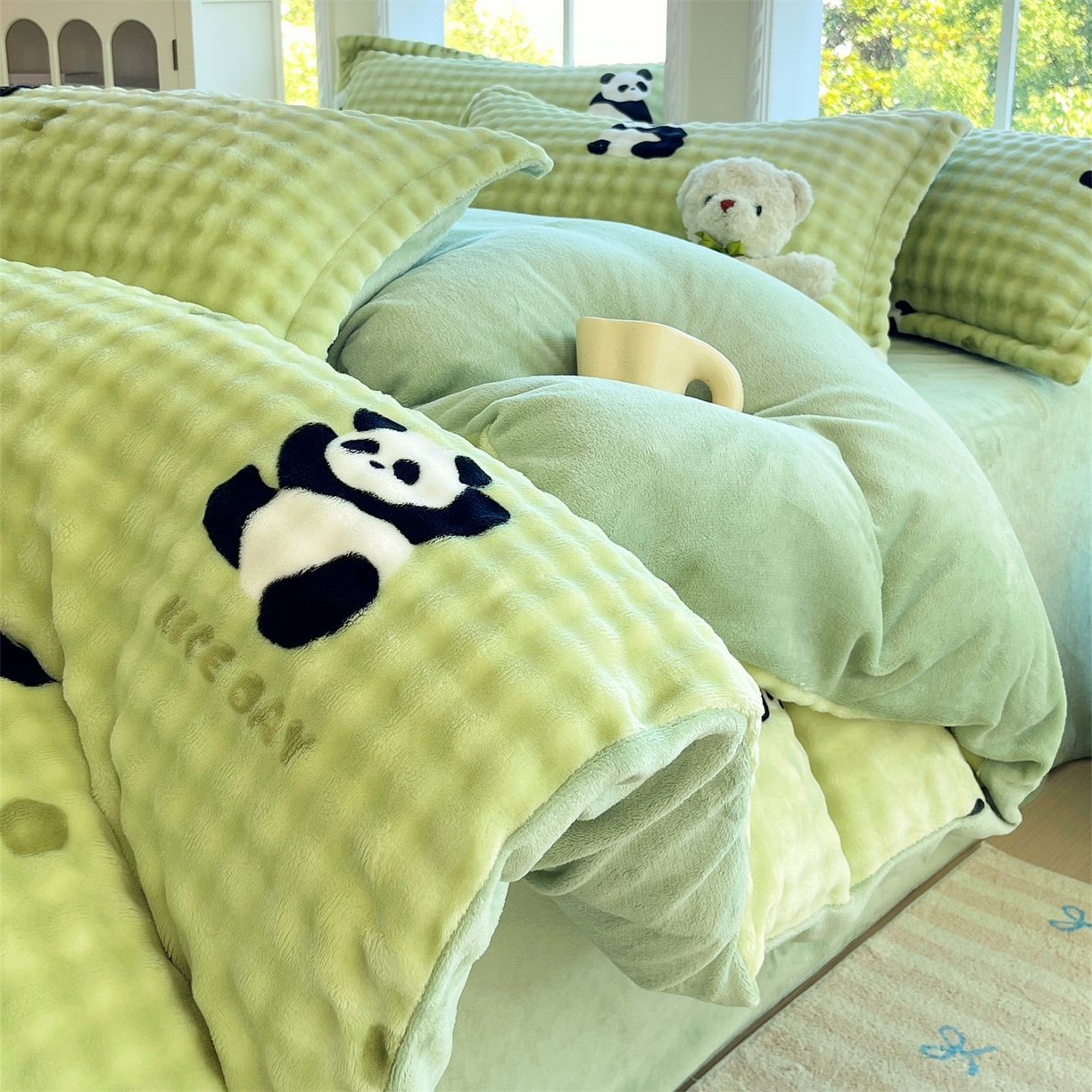 凯儿家纺 2025新款兔毛牛奶泡泡绒单被套单品被套被套单件 小熊猫绿