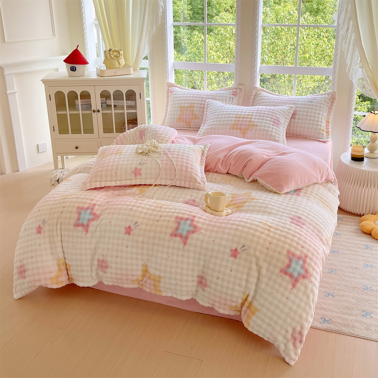 91家纺网 家纺一手货源 找家纺 凯儿家纺 2025新款兔毛牛奶泡泡绒单被套单品被套被套单件 星光闪闪