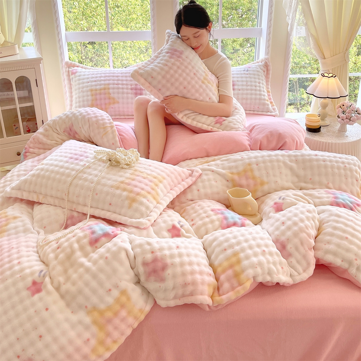 91家纺网 家纺一手货源 找家纺 凯儿家纺 2025新款兔毛牛奶泡泡绒单被套单品被套被套单件 星光闪闪