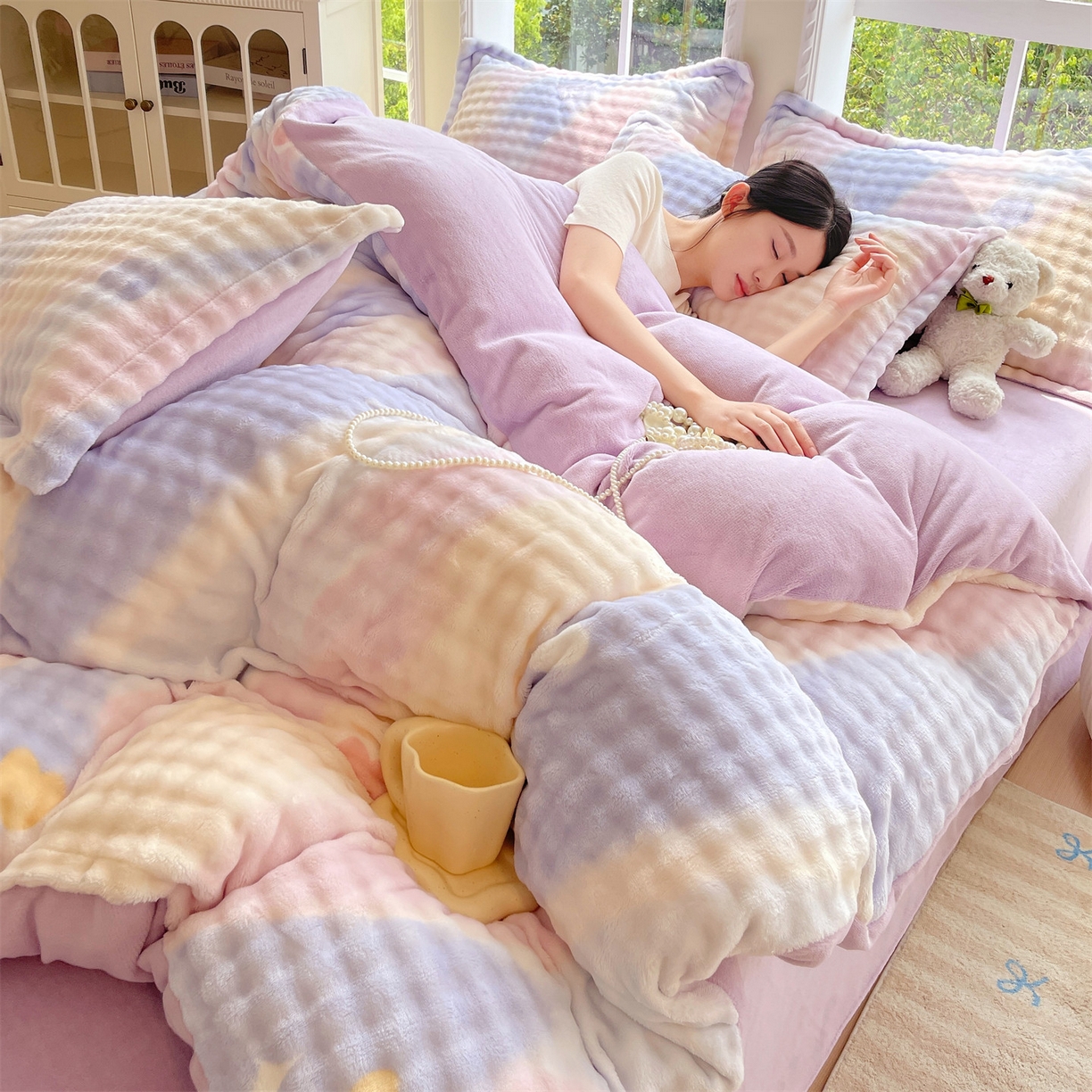 91家纺网 家纺一手货源 找家纺 凯儿家纺 2025新款兔毛牛奶泡泡绒单被套单品被套被套单件 紫韵爱心