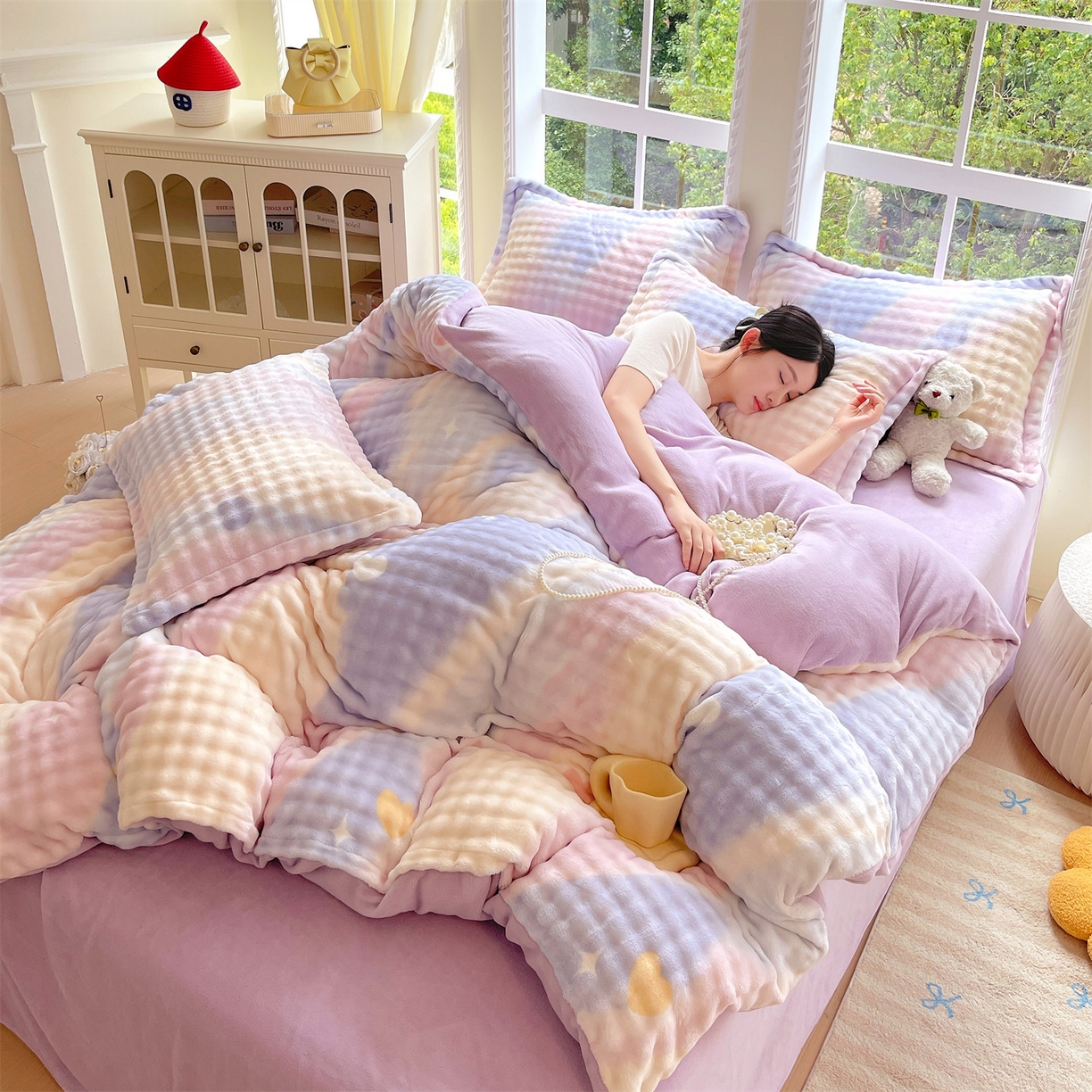 91家纺网 家纺一手货源 找家纺 凯儿家纺 2025新款兔毛牛奶泡泡绒单被套单品被套被套单件 紫韵爱心