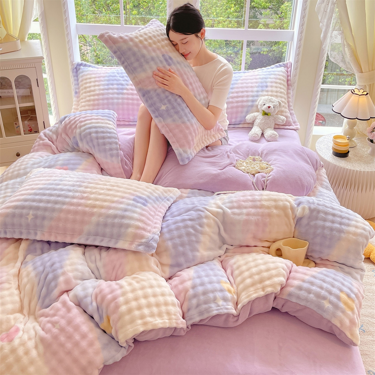 91家纺网 家纺一手货源 找家纺 凯儿家纺 2025新款兔毛牛奶泡泡绒单被套单品被套被套单件 紫韵爱心