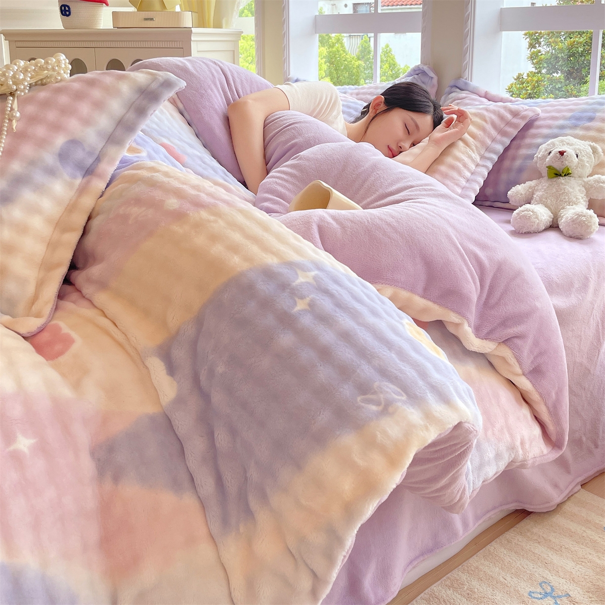 91家纺网 家纺一手货源 找家纺 凯儿家纺 2025新款兔毛牛奶泡泡绒单被套单品被套被套单件 紫韵爱心