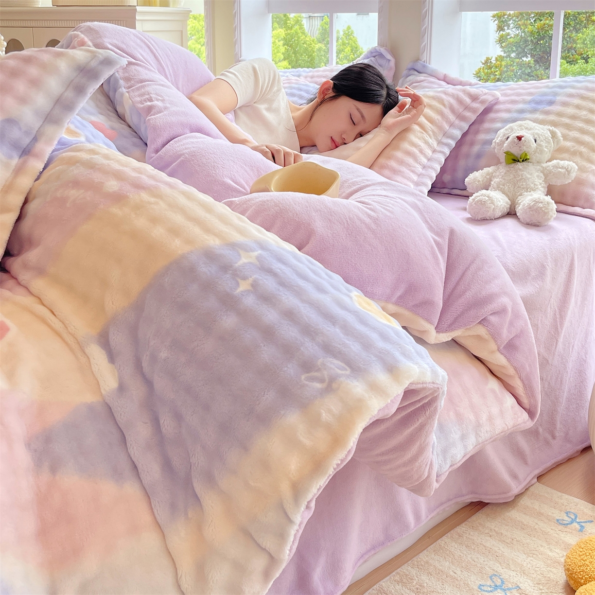 91家纺网 家纺一手货源 找家纺 凯儿家纺 2025新款兔毛牛奶泡泡绒单被套单品被套被套单件 紫韵爱心