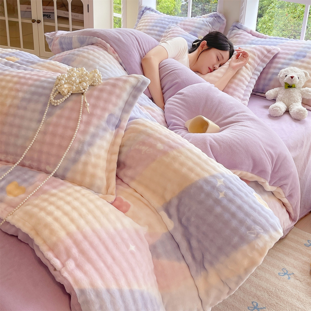 91家纺网 家纺一手货源 找家纺 凯儿家纺 2025新款兔毛牛奶泡泡绒单被套单品被套被套单件 紫韵爱心