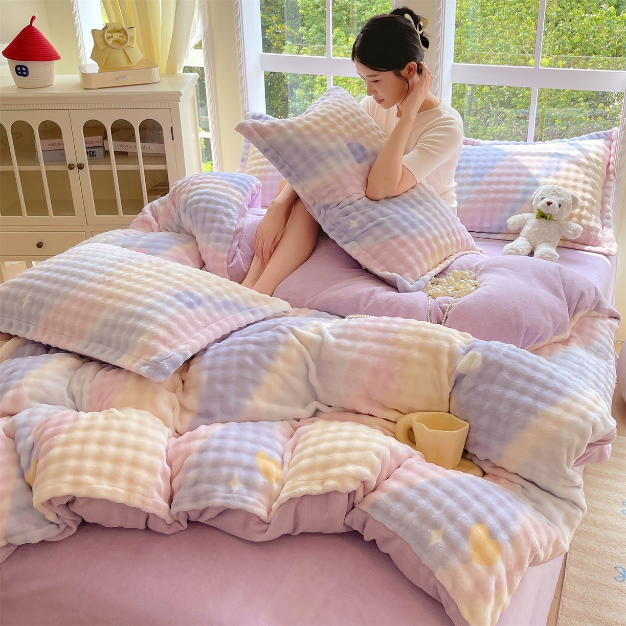 91家纺网 家纺一手货源 找家纺 凯儿家纺 2025新款兔毛牛奶泡泡绒单被套单品被套被套单件 紫韵爱心