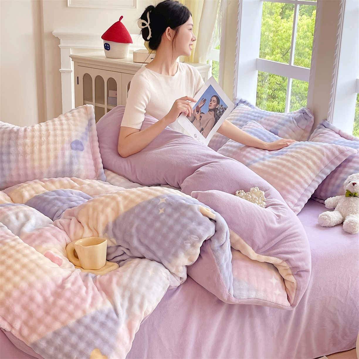 91家纺网 家纺一手货源 找家纺 凯儿家纺 2025新款兔毛牛奶泡泡绒单被套单品被套被套单件 紫韵爱心