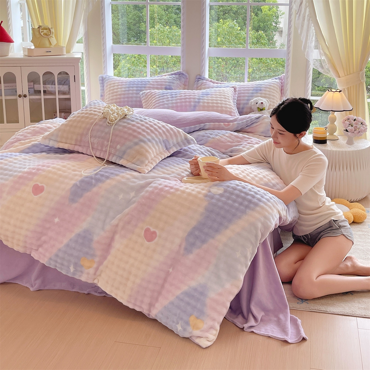 91家纺网 家纺一手货源 找家纺 凯儿家纺 2025新款兔毛牛奶泡泡绒单被套单品被套被套单件 紫韵爱心