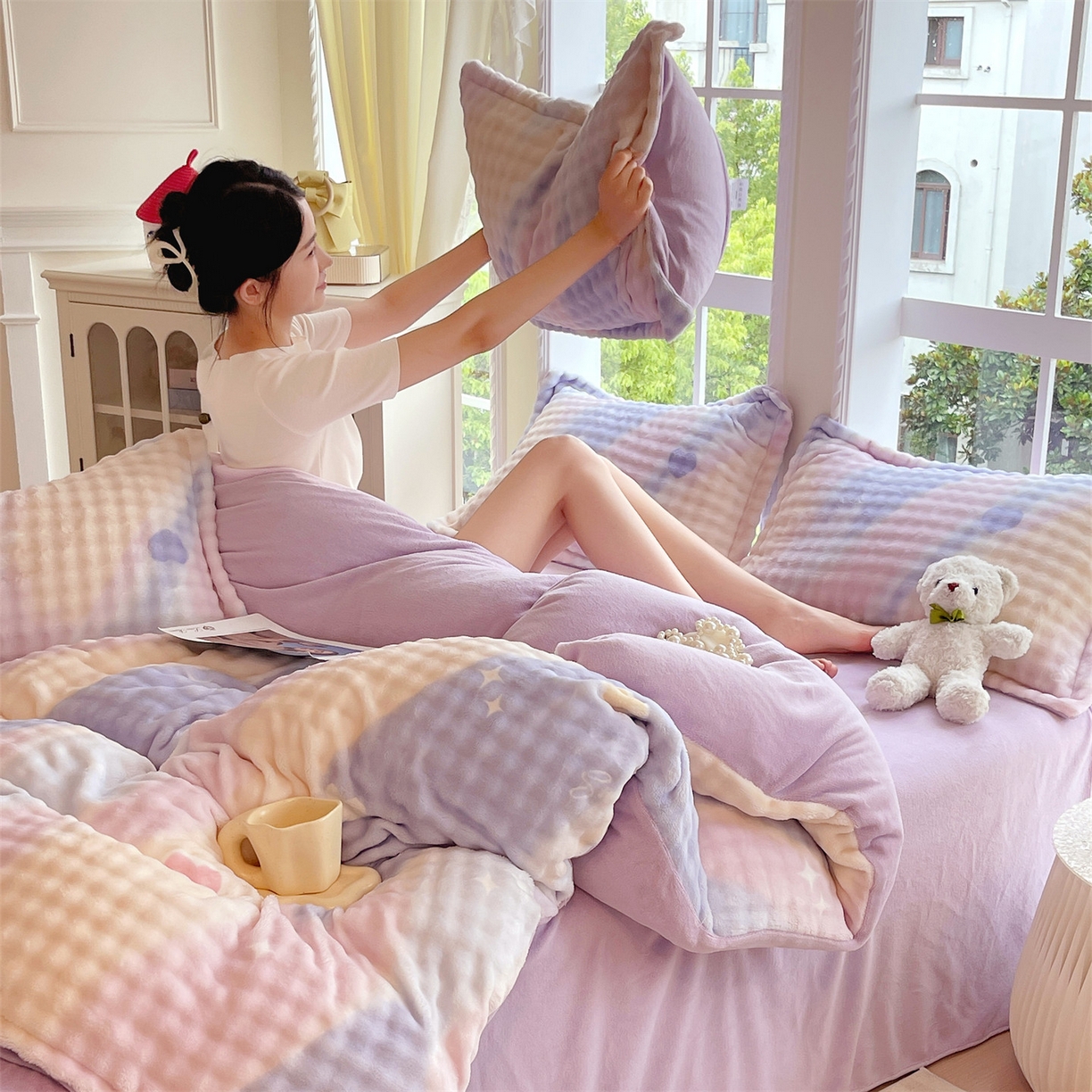 91家纺网 家纺一手货源 找家纺 凯儿家纺 2025新款兔毛牛奶泡泡绒单被套单品被套被套单件 紫韵爱心