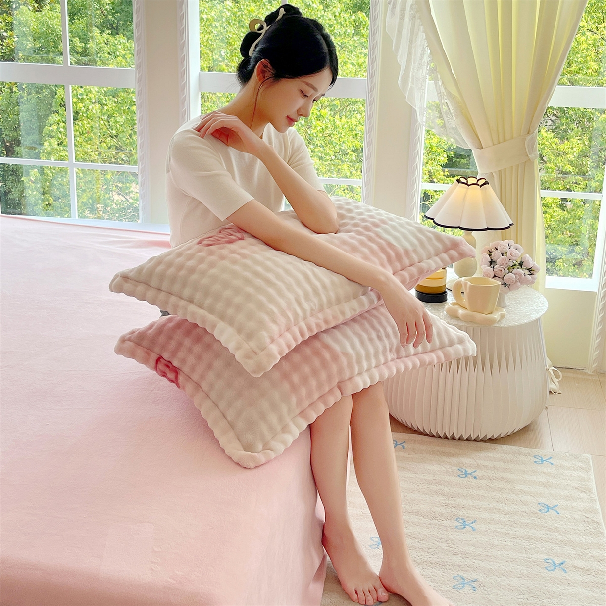 91家纺网 家纺一手货源 找家纺 （总）凯儿家纺 2025新款兔毛牛奶泡泡绒单枕套单品枕套枕套单件