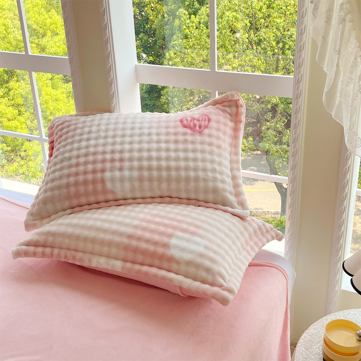 凯儿家纺 2025新款兔毛牛奶泡泡绒单枕套单品枕套枕套单件 爱心朵朵