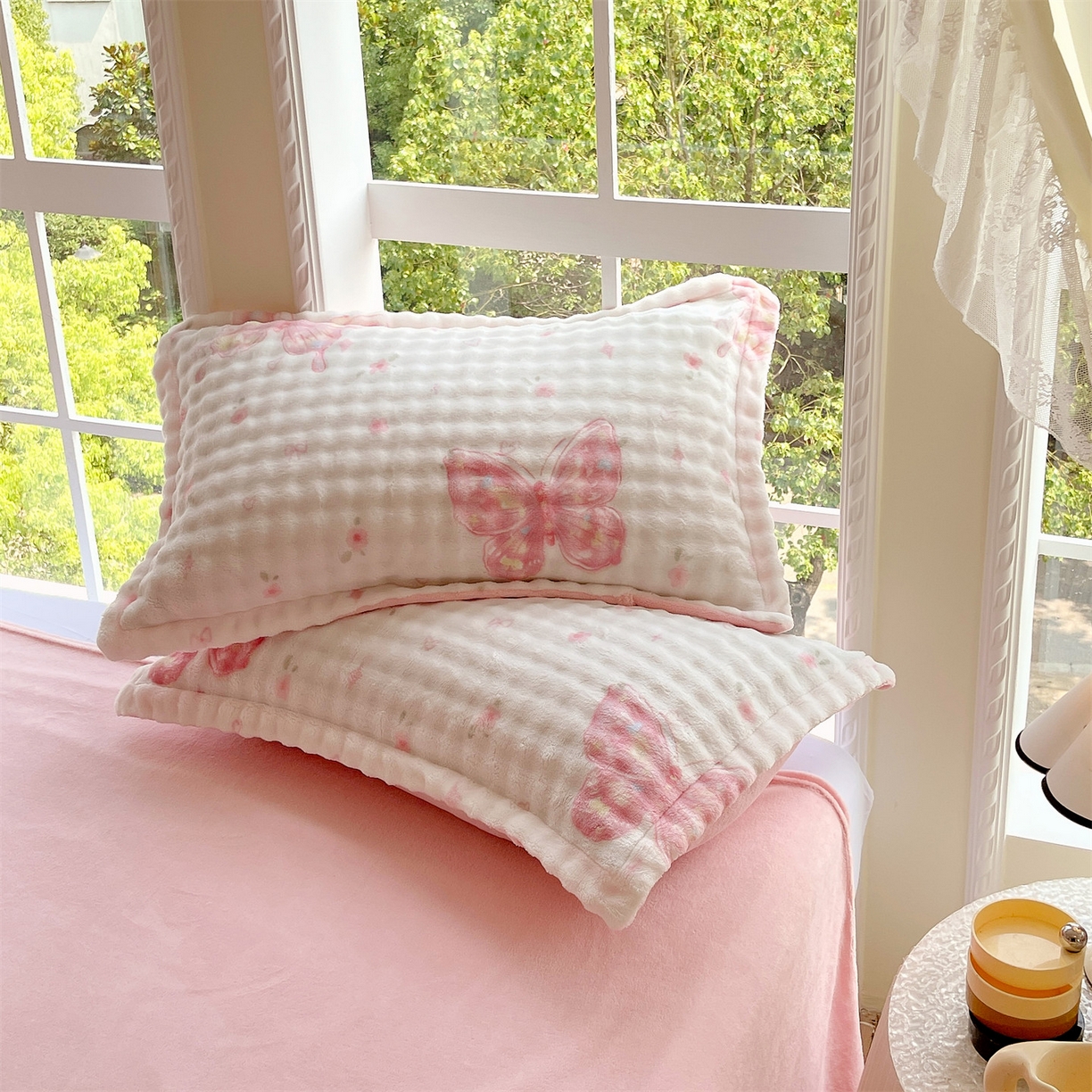 凯儿家纺 2025新款兔毛牛奶泡泡绒单枕套单品枕套枕套单件 彩蝶飞舞