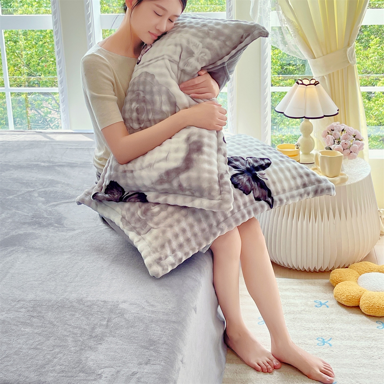 91家纺网 家纺一手货源 找家纺 凯儿家纺 2025新款兔毛牛奶泡泡绒单枕套单品枕套枕套单件 蝶儿飞飞