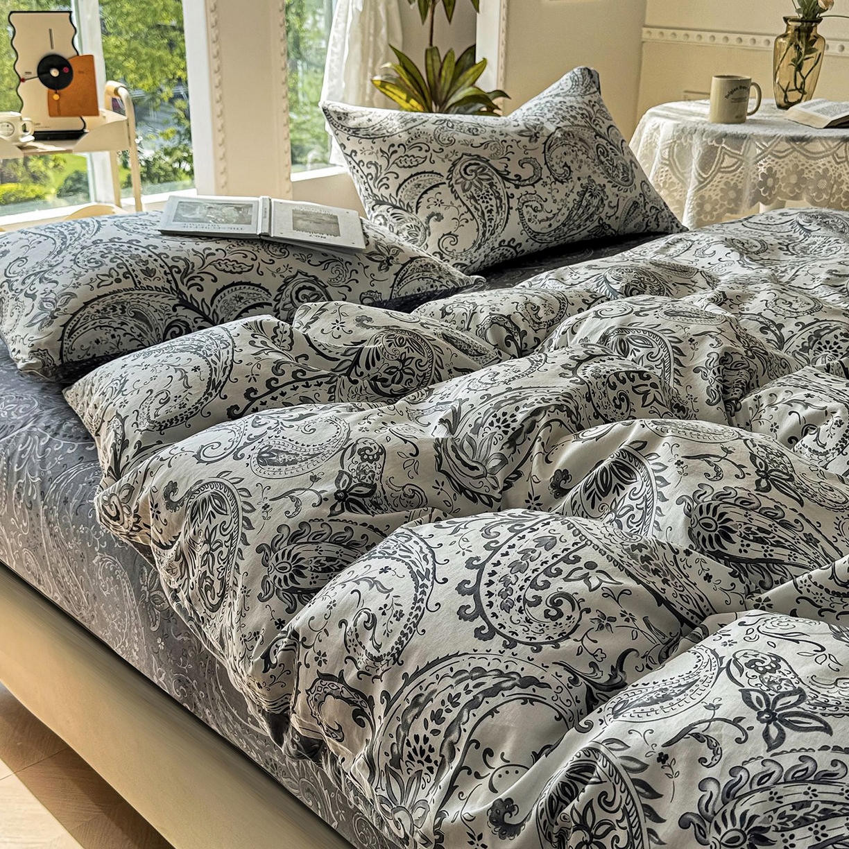 91家纺网 家纺一手货源 找家纺 缦纱 2025新款全棉纯棉小清新喷气13372印花40支纯棉四件套 荷韵-蓝