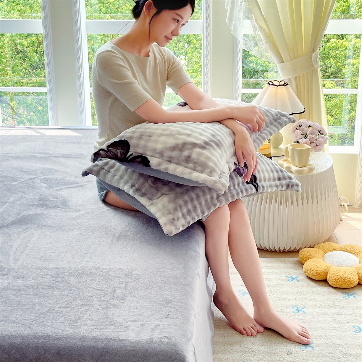 91家纺网 家纺一手货源 找家纺 凯儿家纺 2025新款兔毛牛奶泡泡绒单枕套单品枕套枕套单件 蝶儿飞飞