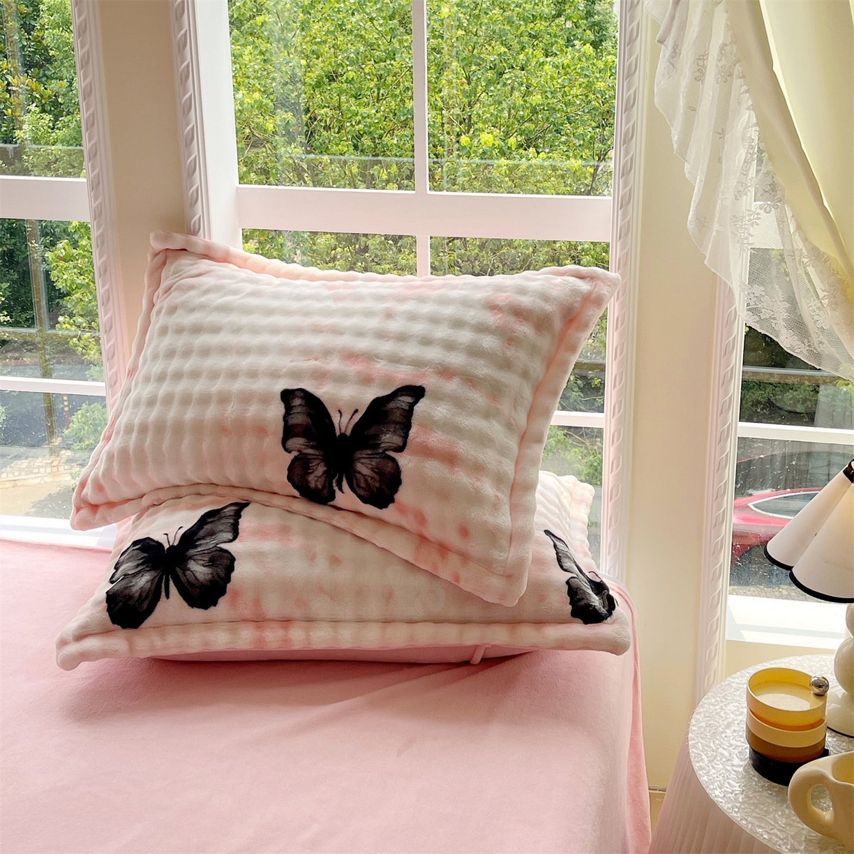 凯儿家纺 2025新款兔毛牛奶泡泡绒单枕套单品枕套枕套单件 粉玉蝴蝶